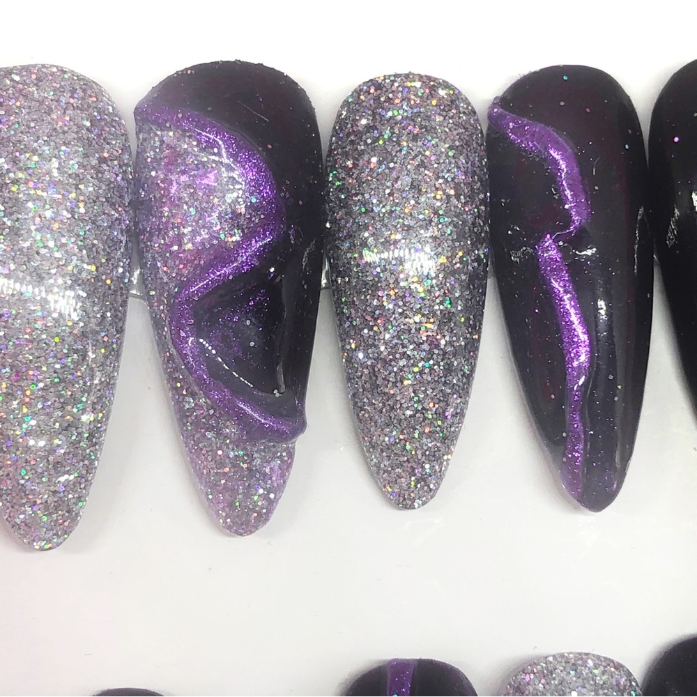 *SOLD* Handmade Press On Nails Long Almond Shape Full Set UV Gel Purple & Holo … - Picture 5 of 13